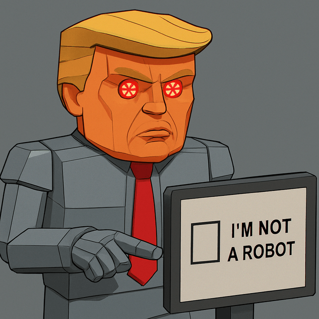 Botrump ID photo: cartoon Trump robot head, red diode eyes, pointing at a captcha