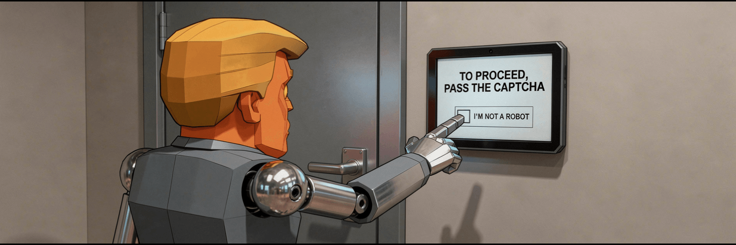 Botrump, a chrome robot with a cartoon Trump head, seen from behind, his chrome finger reaching for the captcha on a locked door